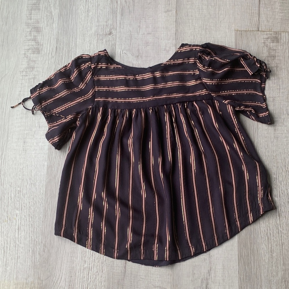 Anthropologie Navy Top with Metallic Rose-Striped Detail